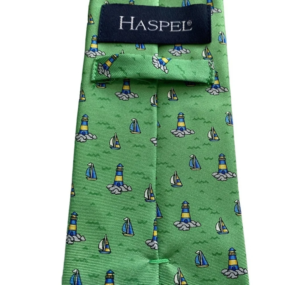 Haspel Silk Tie Green Nautical Tipped Bar Tac Keeper Loop 60”x3.25” 80s to 90s